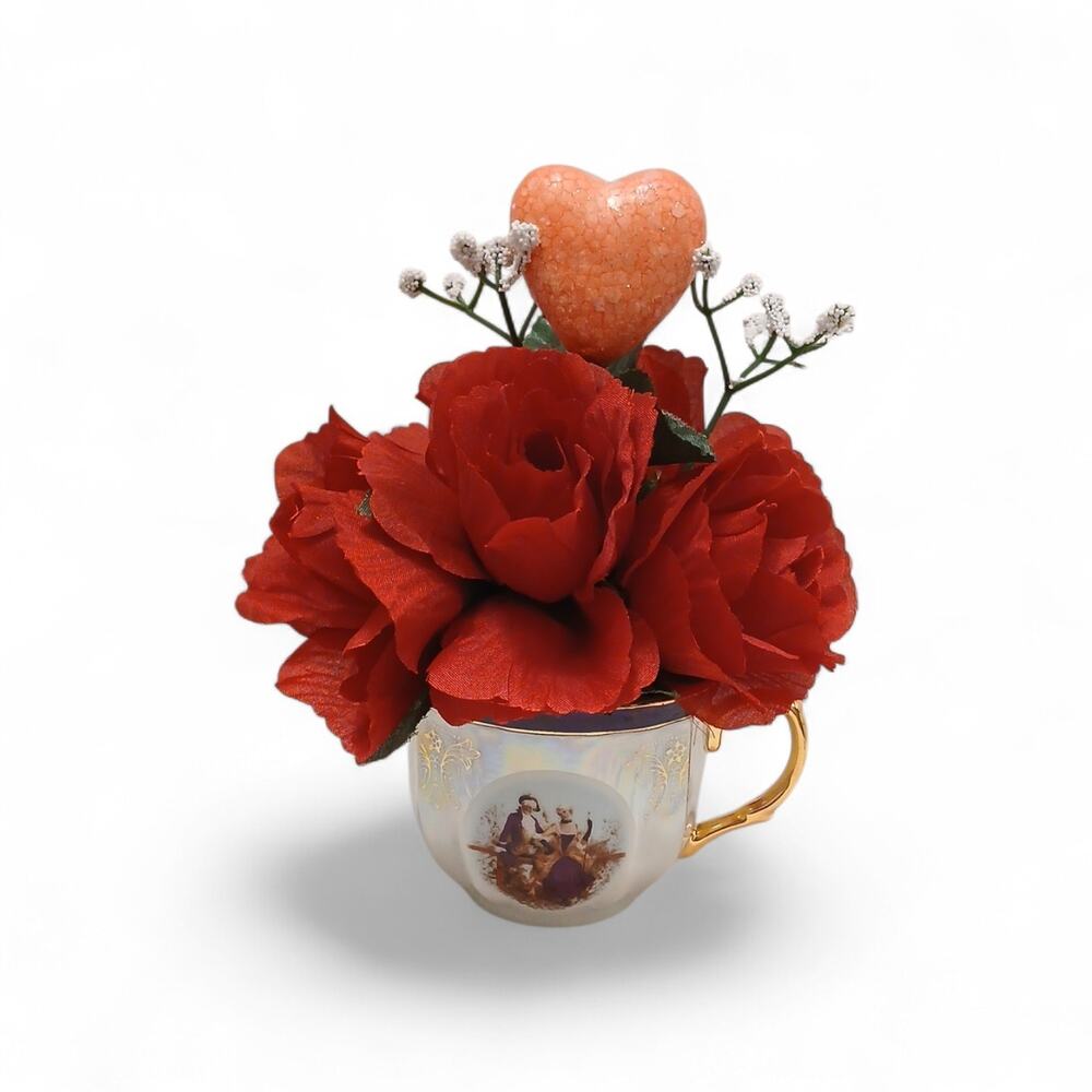 English Red Rose Floral Arrangement Tea Cup POP-IN Sparkle Heart Valentine Love